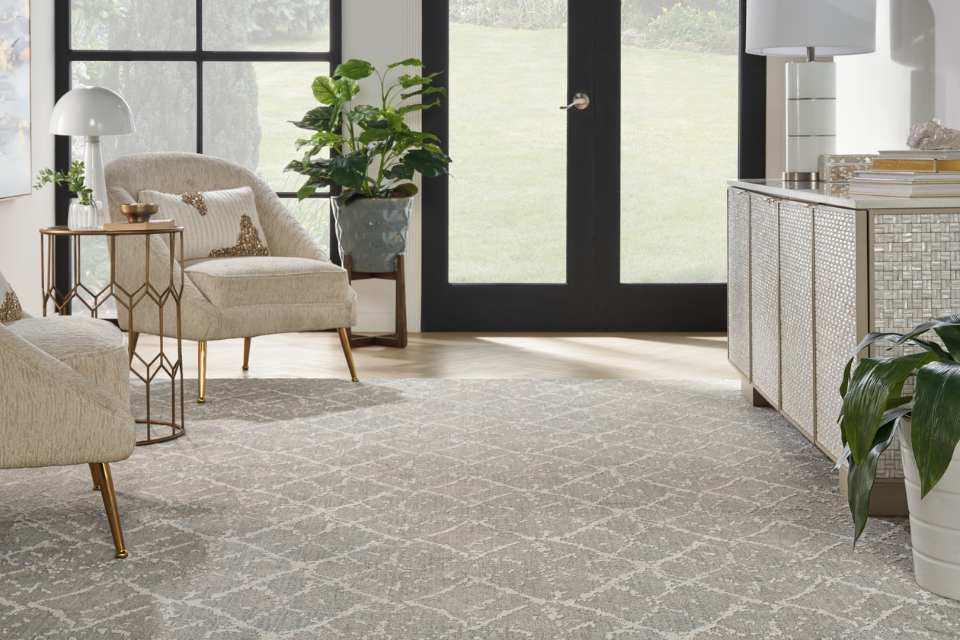 gray patterned area rug in classic living room with gold accents and greenery